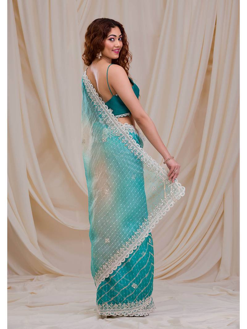 Shimmering Ombre Saree With Sequined Stripes And Embroidery 