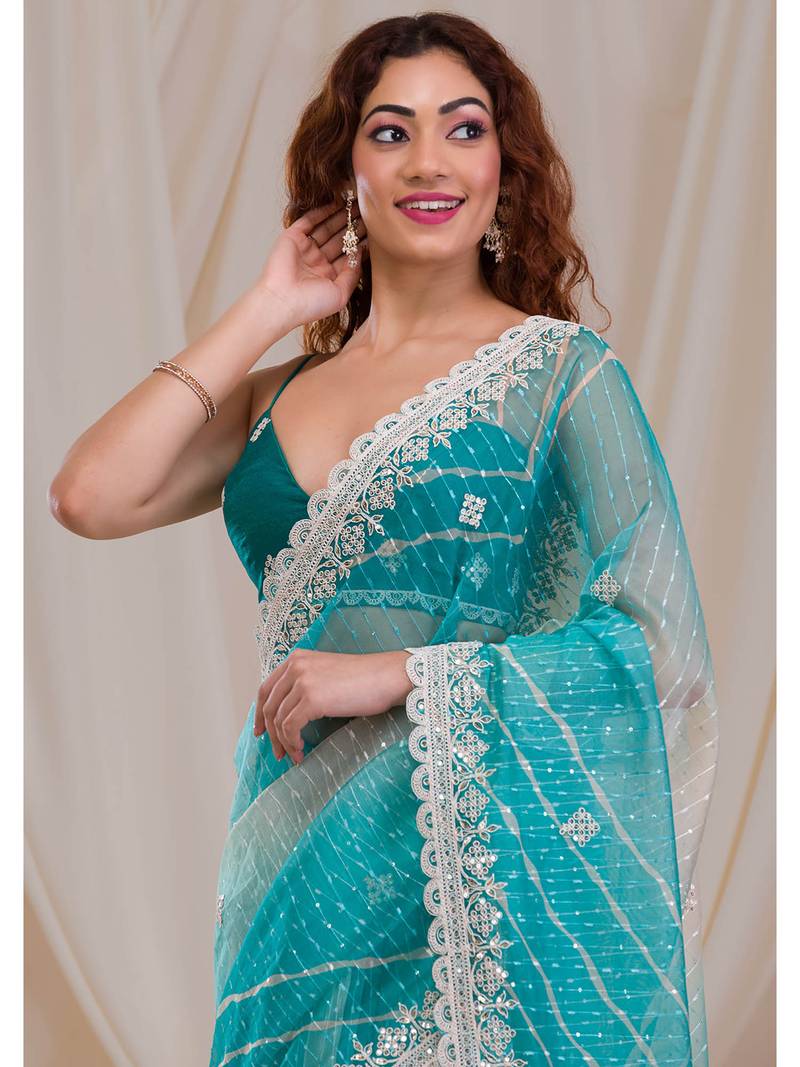 Shimmering Ombre Saree With Sequined Stripes And Embroidery 