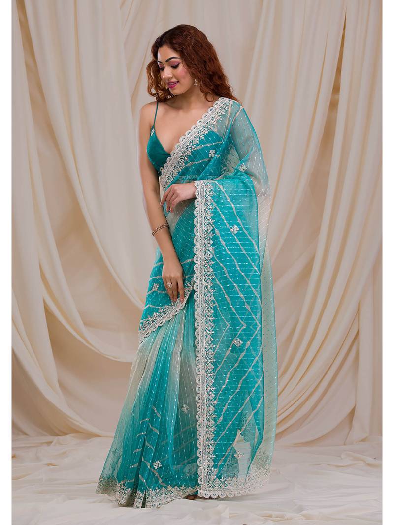 Shimmering Ombre Saree With Sequined Stripes And Embroidery 