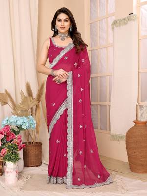 Pink Soft Chiffon Saree With Unstitched Blouse 1