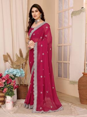 Pink Soft Chiffon Saree With Unstitched Blouse 2