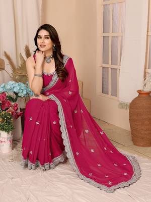 Pink Soft Chiffon Saree With Unstitched Blouse 4