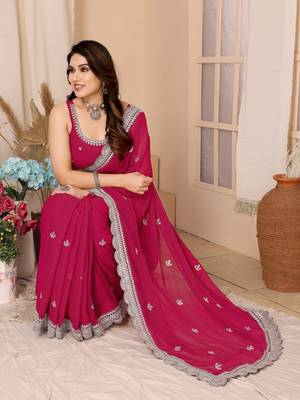 Pink Soft Chiffon Saree With Unstitched Blouse 5