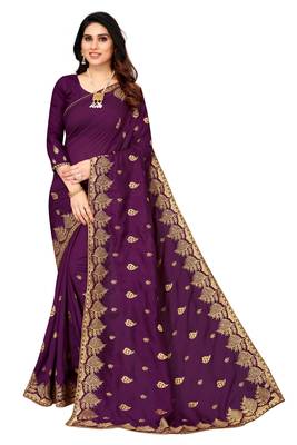 Wine Vichitra Silk Embriodered Saree With Blouse Piecce. 1