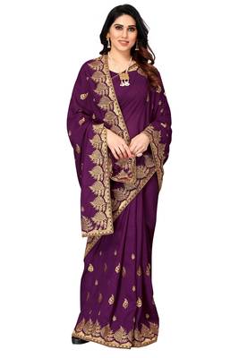 Wine Vichitra Silk Embriodered Saree With Blouse Piecce. 2