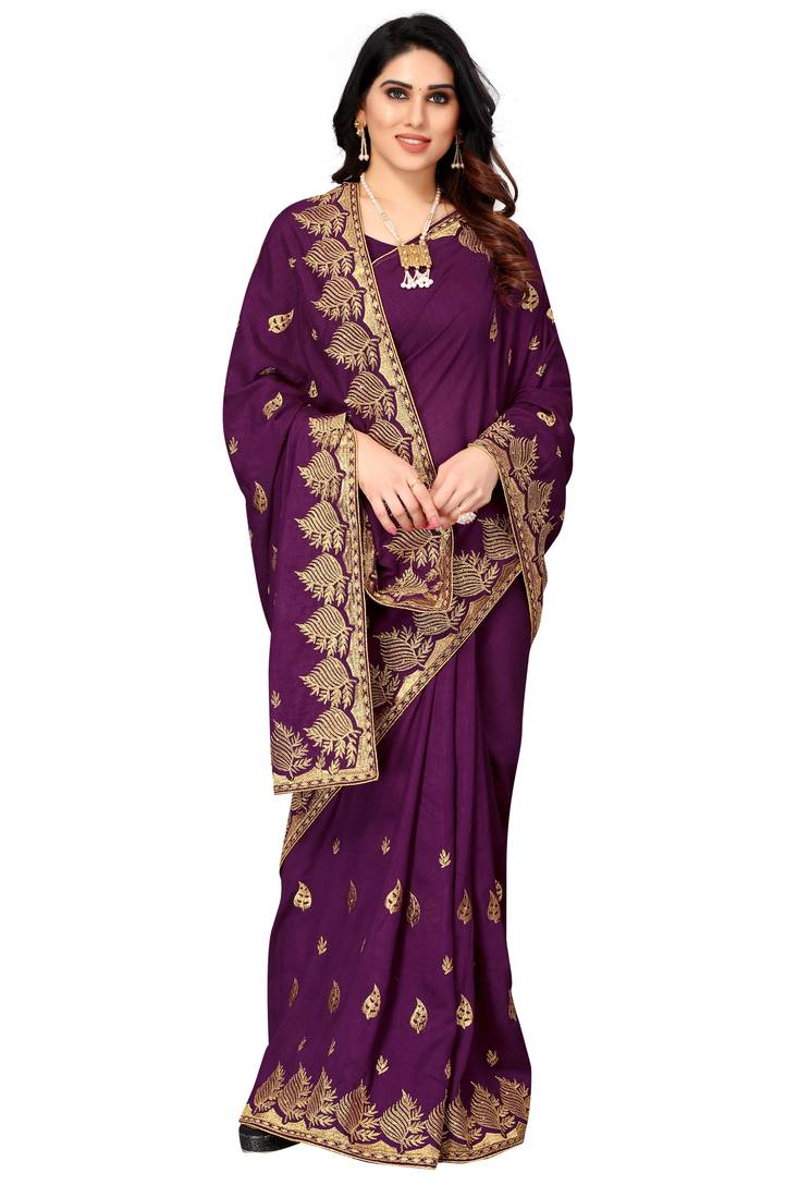 Wine Vichitra Silk Embriodered Saree With Blouse Piecce.