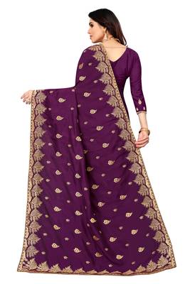 Wine Vichitra Silk Embriodered Saree With Blouse Piecce. 3