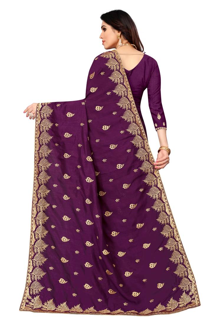 Wine Vichitra Silk Embriodered Saree With Blouse Piecce.