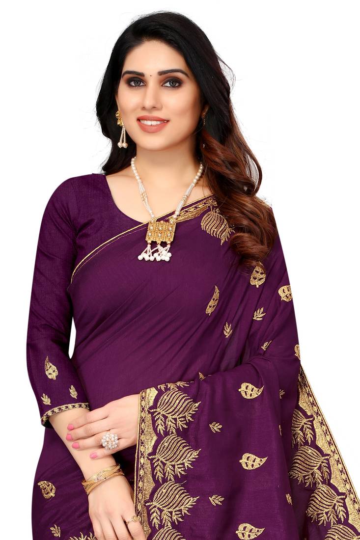 Wine Vichitra Silk Embriodered Saree With Blouse Piecce.