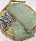 Pista Colour Pure Hand Crafted Zarkhan Work Gold Crush Fabric Saree With Unstitched Blouse 