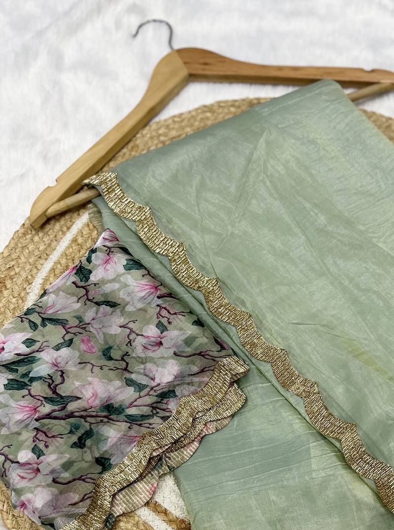 Pista Colour Pure Hand Crafted Zarkhan Work Gold Crush Fabric Saree With Unstitched Blouse 