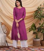 A line woven kurta with a shoulder princess line with a central placket.