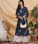 Flared bold printed flex kurta with bead works and pocket.