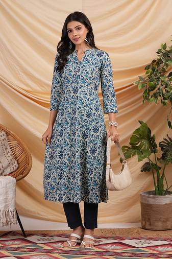 Indigo color printed flare kurta in cotton with smart placket neckline.
