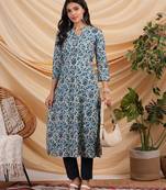 Indigo color printed flare kurta in cotton with smart placket neckline.