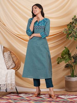 A line striped kurta with printed cotton trim,block print and hand embroidery. 1