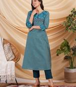 A line striped kurta with printed cotton trim,block print and hand embroidery.