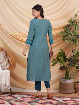 A line striped kurta with printed cotton trim,block print and hand embroidery. 2