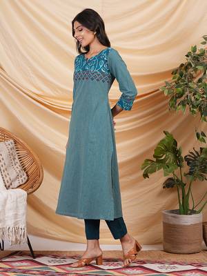 A line striped kurta with printed cotton trim,block print and hand embroidery. 3