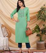Cotton flex kurta with hand embroidery and hand applique detailing.