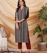 Straight cut hand block printed cotton kurta with hand embroidery.