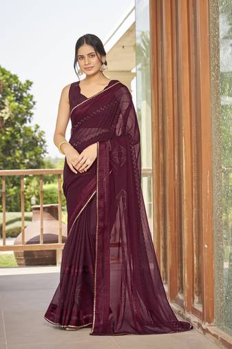 Sutram Maroon Printed With Heavy Swarovski  Work Georgette Saree For Women With Unstitch Blouse Piece