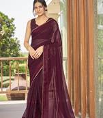Sutram Maroon Printed With Heavy Swarovski  Work Georgette Saree For Women With Unstitch Blouse Piece