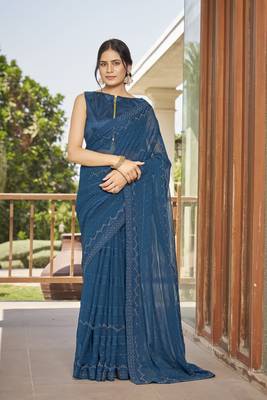 Sutram Dark Blue Printed Georgette Saree For Women With Unstitch Blouse Piece 1