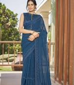 Sutram Dark Blue Printed Georgette Saree For Women With Unstitch Blouse Piece