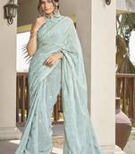 Sutram Light Blue Printed Georgette Saree For Women With Unstitch Blouse Piece