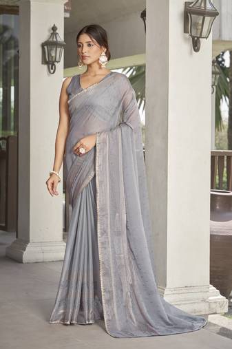Sutram Grey Printed Chiffon Saree For Women With Unstitch Blouse Piece