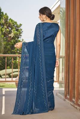 Sutram Dark Blue Printed Georgette Saree For Women With Unstitch Blouse Piece 2