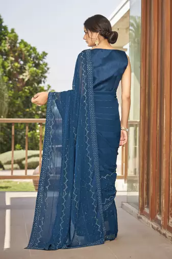 Sutram Dark Blue Printed Georgette Saree For Women With Unstitch Blouse Piece