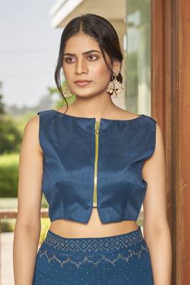 Sutram Dark Blue Printed Georgette Saree For Women With Unstitch Blouse Piece 3