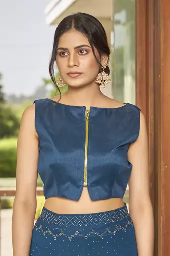 Sutram Dark Blue Printed Georgette Saree For Women With Unstitch Blouse Piece