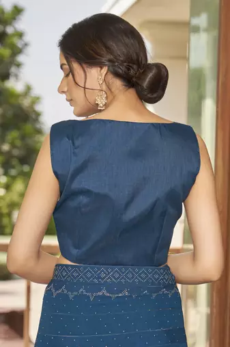 Sutram Dark Blue Printed Georgette Saree For Women With Unstitch Blouse Piece