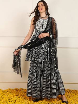women black cotton floral printed embroidered anarkali kurta trouser with dupatta 1