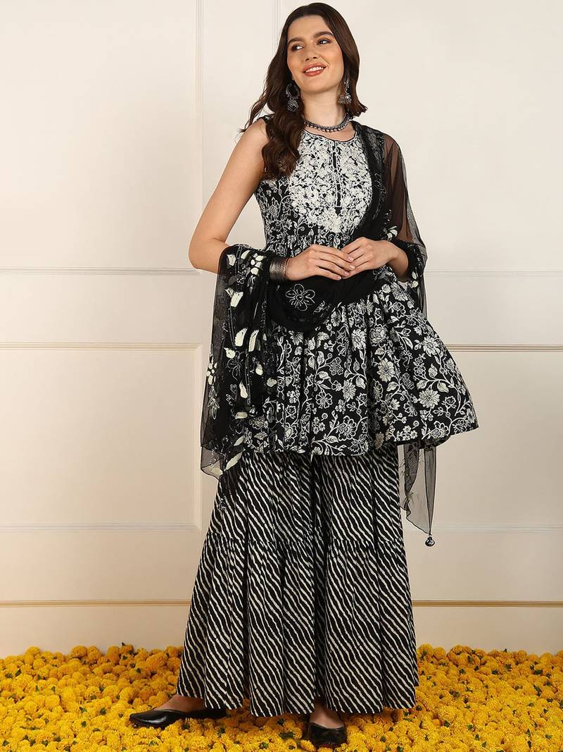 women black cotton floral printed embroidered anarkali kurta trouser with dupatta