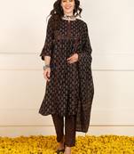 women brown cotton floral printed straight kurta trouser with dupatta