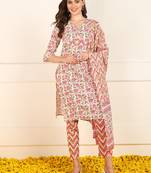 women pink cotton floral printed straight kurta trouser with dupatta