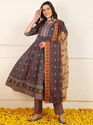 women blue cotton floral printed embroidered anarkali kurta trouser with dupatta 1
