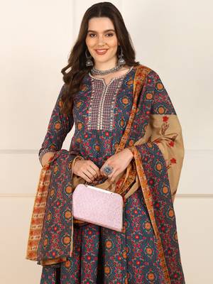 women blue cotton floral printed embroidered anarkali kurta trouser with dupatta 2