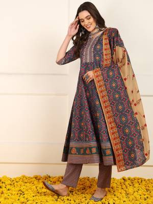 women blue cotton floral printed embroidered anarkali kurta trouser with dupatta 3