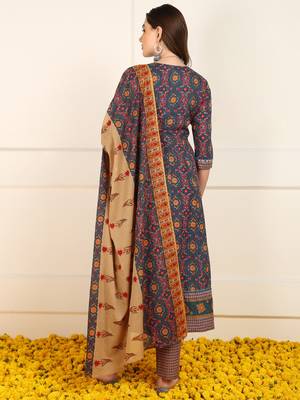 women blue cotton floral printed embroidered anarkali kurta trouser with dupatta 4