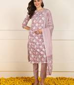 women pink cotton floral printed straight kurta trouser with dupatta