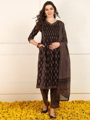 women brown cotton ethnic printed a-line kurta trouser with dupatta 1