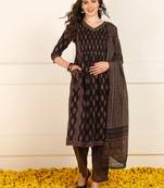 women brown cotton ethnic printed a-line kurta trouser with dupatta
