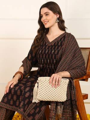 women brown cotton ethnic printed a-line kurta trouser with dupatta 2