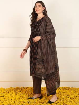 women brown cotton ethnic printed a-line kurta trouser with dupatta 3