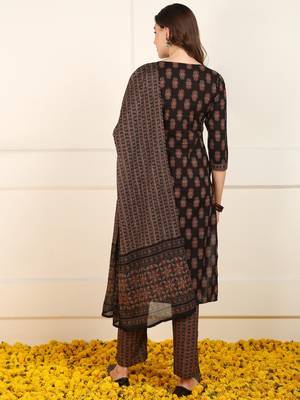 women brown cotton ethnic printed a-line kurta trouser with dupatta 4